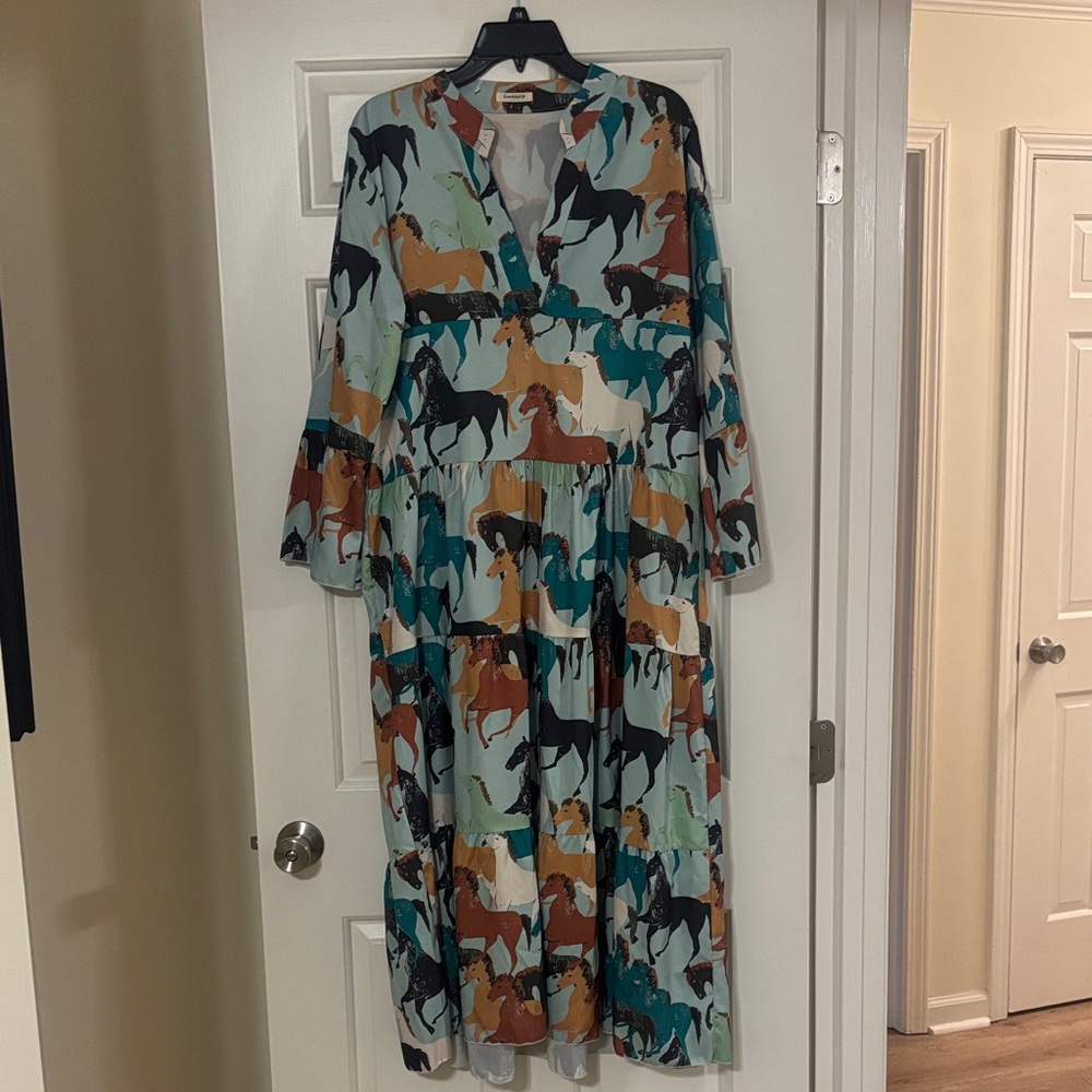 Sunday Colorful Horse Print Long Sleeve Dress